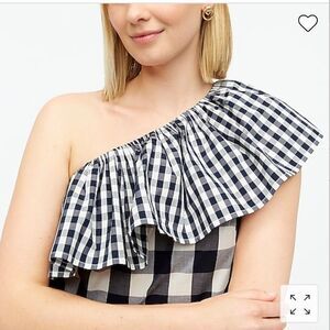 J. Crew Black & White Gingham Plaid One Shoulder Ruffle Top